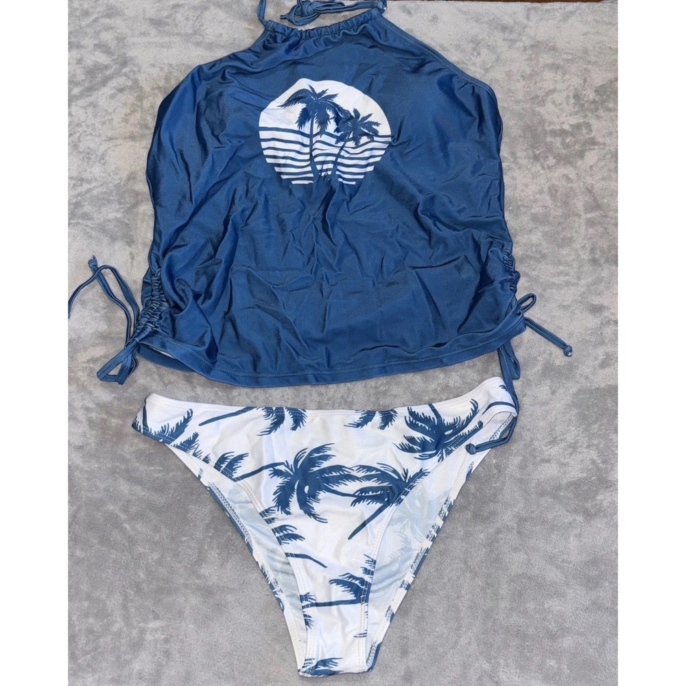 Womens Tankini Set Swimsuit Women XL Blue Palm Tree Halter Neck Ruched Padded